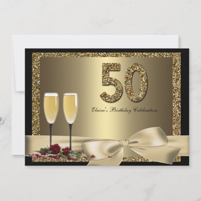 Der Geburtstag schwarzer Frau Goldchampagne 50. Einladung (Vorderseite)