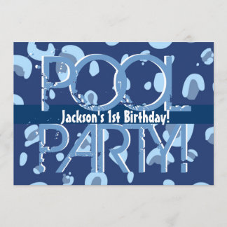 Der Geburtstags-Pool-Party-blaue weiße Schablone Einladung