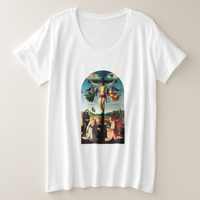 Der gekreuzigte Christus mit der Jungfrau Mary Große Größe T-Shirt (Design vorne)