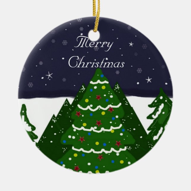 Der geschmückte Baum strahlt in einer Winternacht  Keramikornament (Vorne)