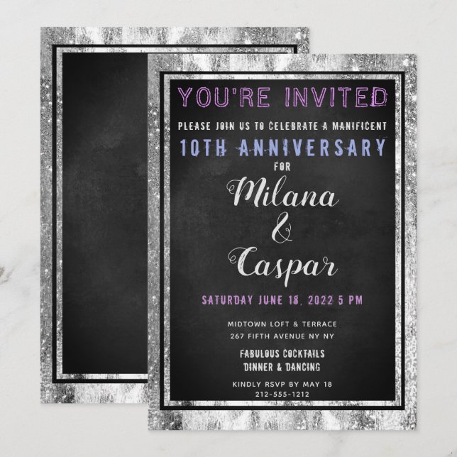 Der glänzende Silver Black Chalkboard Jahrestag Einladung (Vorne/Hinten)