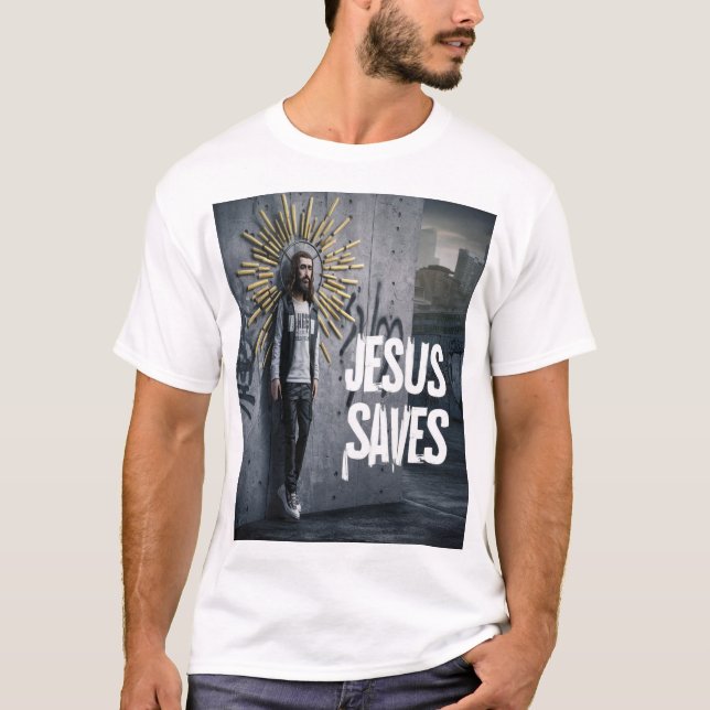Der Glaube an die Tat: Jesus Rette T-Shirt (Vorderseite)