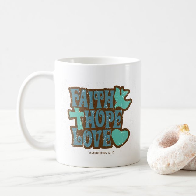 Der Glaube, die Hoffnung und die Liebe Die Kaffee- Kaffeetasse (Mit Donut)