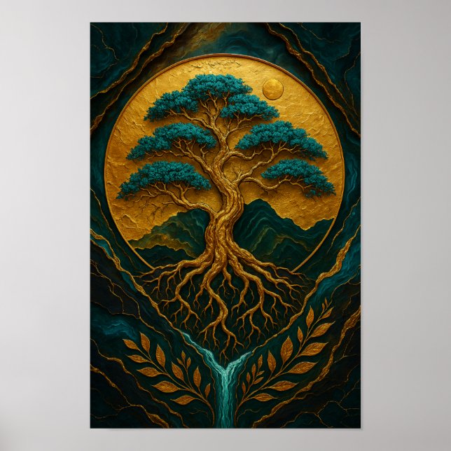 Der goldene Baum des Lebens Mystische Natur Poster (Vorne)
