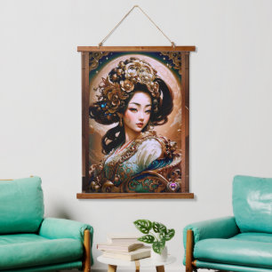 Der Goldene Drache Geisha Girl Kunst von Xzendor7 Wandteppich Mit Holzrahmen