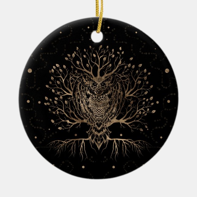 Der goldene Eule-Baum Keramik Ornament (Vorne)