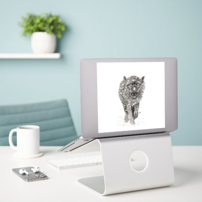 Der graue Schwarze Wolf im Schnee , der wilde Wint Aufkleber (Laptop auf Schreibtisch)
