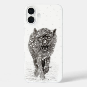 Der graue Schwarze Wolf im Schnee , der wilde Wint iPhone 16 Plus Hülle