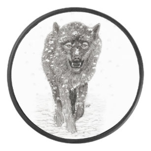 Der graue Schwarze Wolf im Schnee , der wilde Wint Eishockey Puck