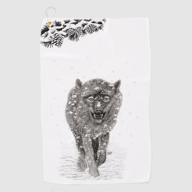Der graue Schwarze Wolf im Schnee , der wilde Wint Golfhandtuch (Vorderseite)
