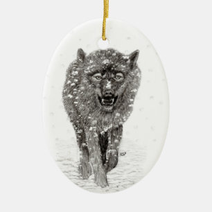 Der graue Schwarze Wolf im Schnee , der wilde Wint Keramik Ornament