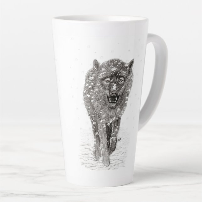 Der graue Schwarze Wolf im Schnee , der wilde Wint Milchtasse (Rechte Ecke)