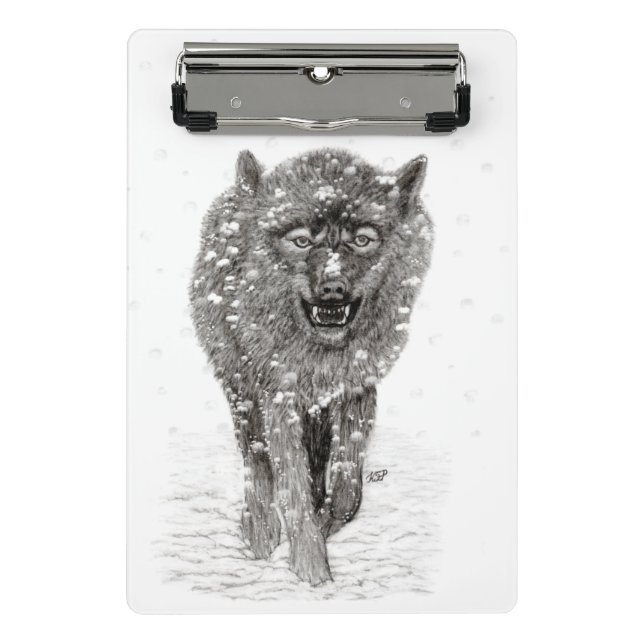 Der graue Schwarze Wolf im Schnee , der wilde Wint Mini Klemmbrett (Vorderseite)