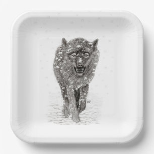 Der graue Schwarze Wolf im Schnee , der wilde Wint Pappteller