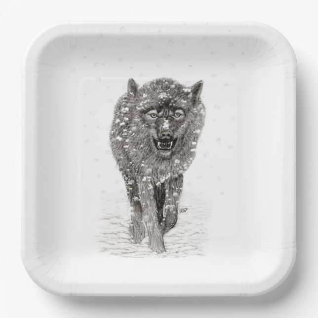 Der graue Schwarze Wolf im Schnee , der wilde Wint Pappteller (Vorderseite)