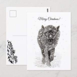 Der graue Schwarze Wolf im Schnee , der wilde Wint Postkarte