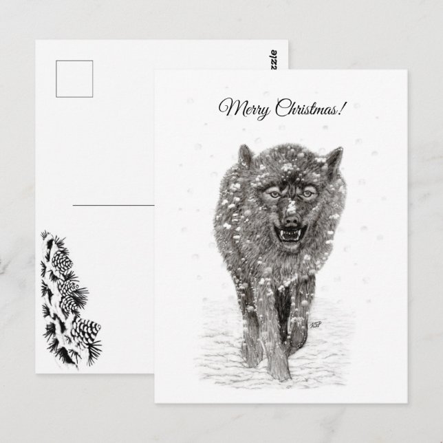 Der graue Schwarze Wolf im Schnee , der wilde Wint Postkarte (Vorne/Hinten)