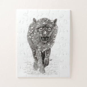 Der graue Schwarze Wolf im Schnee , der wilde Wint Puzzle