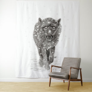 Der graue Schwarze Wolf im Schnee , der wilde Wint Wandteppich