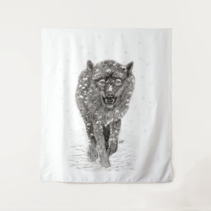 Der graue Schwarze Wolf im Schnee , der wilde Wint Wandteppich