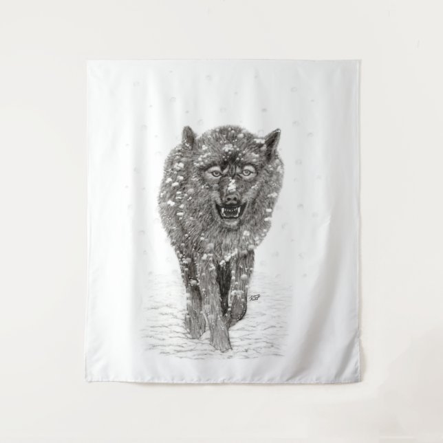 Der graue Schwarze Wolf im Schnee , der wilde Wint Wandteppich (Vorderseite)