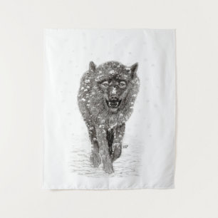 Der graue Schwarze Wolf im Schnee , der wilde Wint Wandteppich