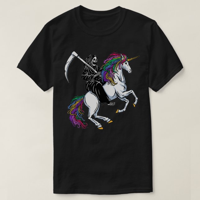 Der grimmige Sensenmann reitet ein Einhorn T-Shirt (Design vorne)