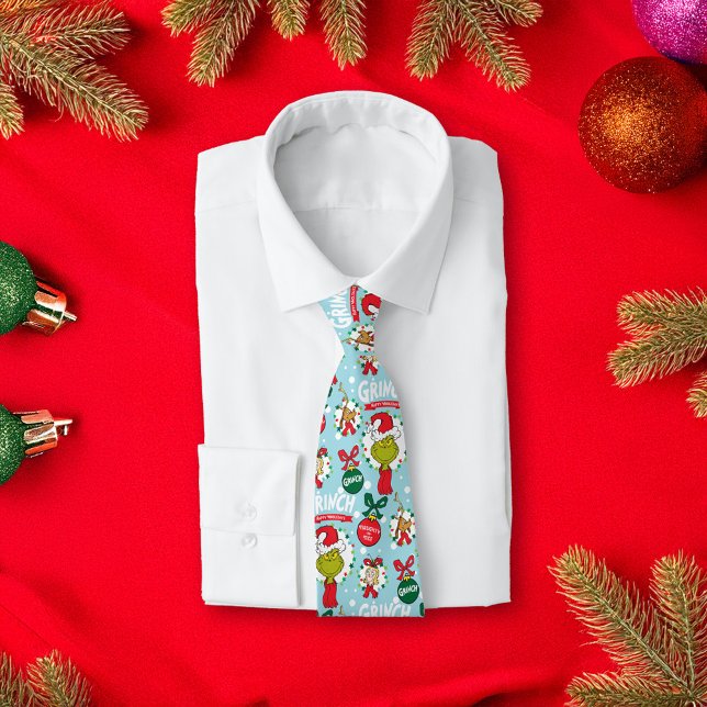 Der Grinch | Happy Wholidays Muster Krawatte (Tie on shirt over festive background)