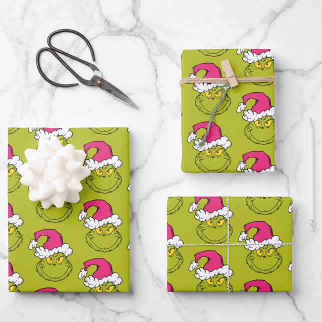 Der Grinch mit rosa Santa-Mütze Geschenkpapier Set (Vorderseite)