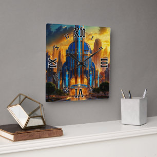Der große Art Deco Blue Plaza Pavilion von Xzendor Quadratische Wanduhr