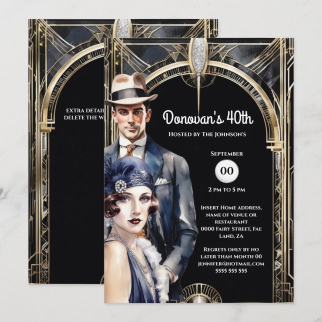 Der Große Gatsby Gold schwarze Flapper Mann in den Einladung (Vorne/Hinten)