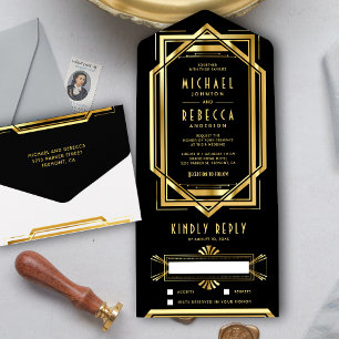 Der große Gatsby Schwarz und Goldfolie Art Deco Ho All In One Einladung