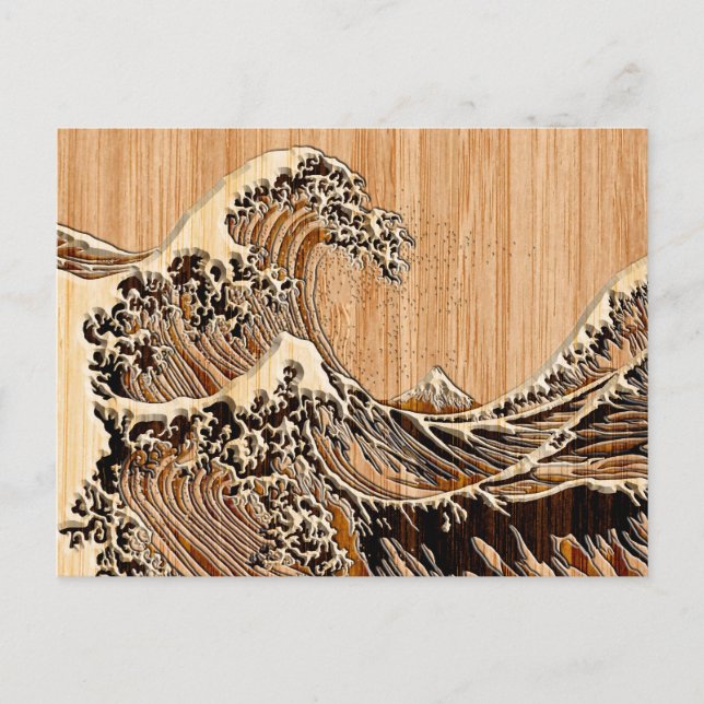 Der Große Hokusai Wave Bamboo Holz Grain Style Postkarte (Vorderseite)
