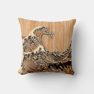 Der große Hokusai Wave Bamboo-Holzstil Kissen