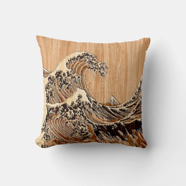 Der große Hokusai Wave Bamboo-Holzstil Kissen (Vorderseite)