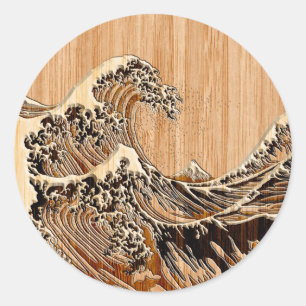 Der große Hokusai Wave Bamboo-Holzstil Runder Aufkleber