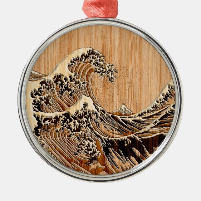 Der große Hokusai Wellen-hölzerne Art-Bambusakzent Silbernes Ornament (Vorne)