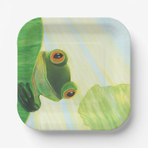 Der große mit Augen grüne Frosch hinter dem Lilien Pappteller