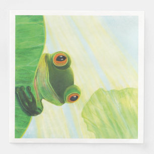 Der große mit Augen grüne Frosch hinter dem Lilien Serviette