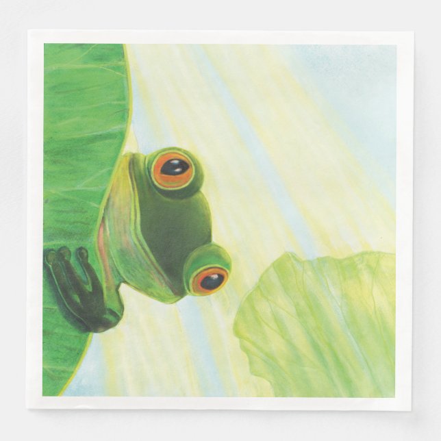Der große mit Augen grüne Frosch hinter dem Lilien Serviette (Vorderseite)