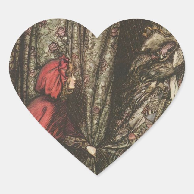 Der große schlechte Wolf im Bett von Oma Herz-Aufkleber (Vorderseite)