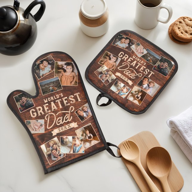 Der größte Vater der Welt - Woodgrain Nine Foto Co Ofenhandschuh & Topflappen-Set (World's Greatest Dad Woodgrain Nine Photo Collage Oven Mitt & Pot Holder Set)