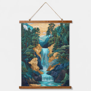 Der grüne Wasserfall im japanischen Stil Wandteppich Mit Holzrahmen