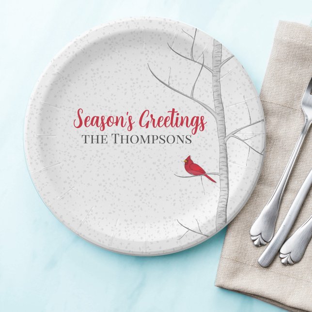 Der Grußvogel Roter Kardinal Birch Tree der Urlaub Pappteller (Season's Greetings custom paper plate with botanical red cardinal.)