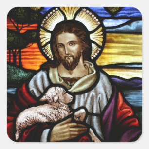 Der Gute Hirte; Jesus auf Bleiglas Quadratischer Aufkleber