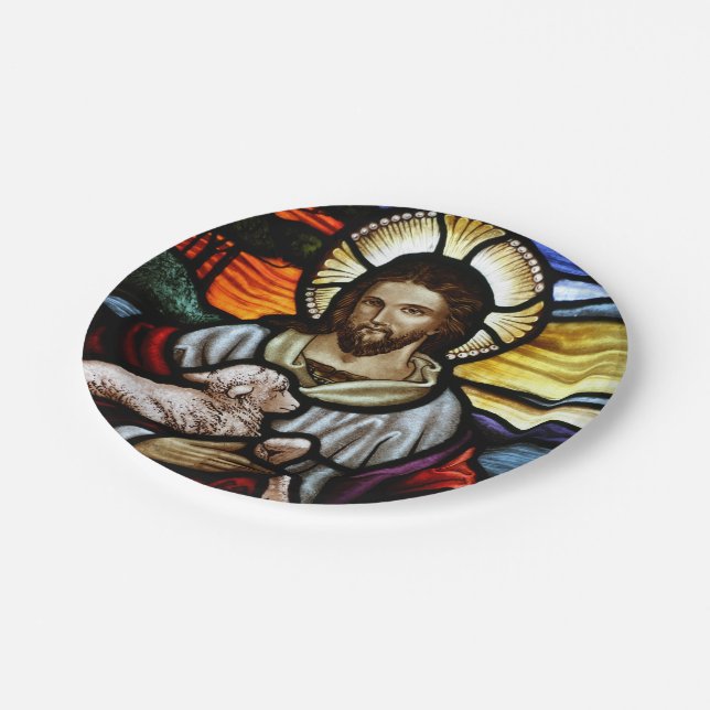 Der gute Hirte; Jesus auf Buntglas Pappteller (Schrägansicht)