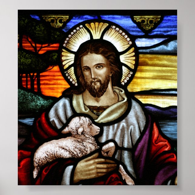 Der gute Hirte; Jesus auf Buntglas Poster (Vorne)