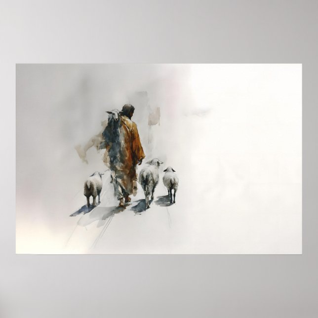 Der gute Hirte Landschaft Jesus mit Schafen Poster (Vorne)