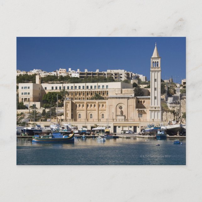 Der Hafen und die Kirche in Marsaskala am Postkarte (Vorderseite)