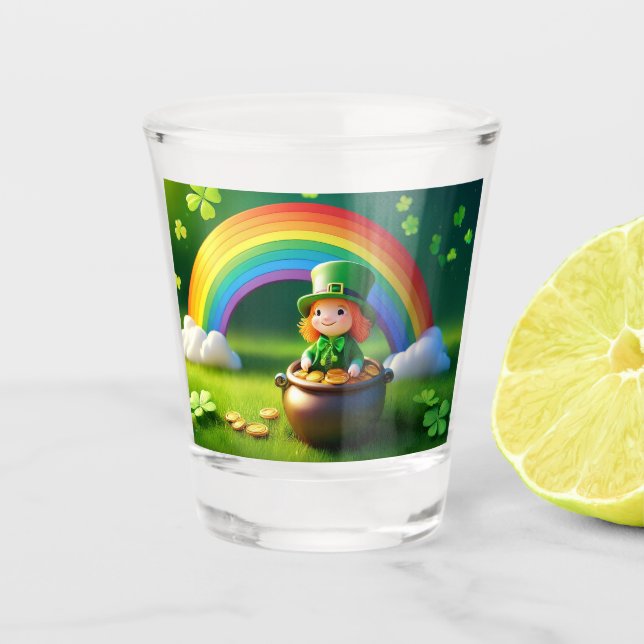 Der heilige Patrick's Day Leprechaun in Pot of Gol Schnapsglas (Vorderseite)